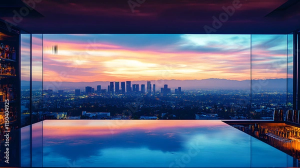 Fototapeta A luxurious bar area with polished countertops mood lighting and a panoramic view of a glowing cityscape at sunset.