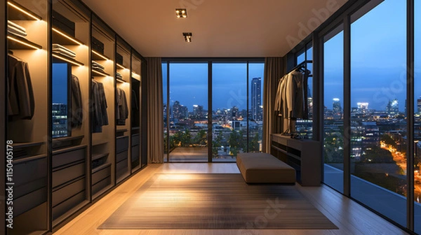 Fototapeta A luxurious dressing room with mirrored closets soft lighting and a balcony offering a sweeping view of the vibrant city below.