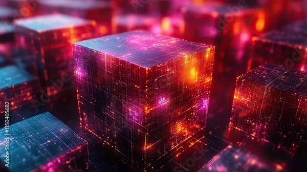 Fototapeta Graphic cubes with color and digital patterns represent blockchain technology; this abstract visualization showcases crypto innovation and big data