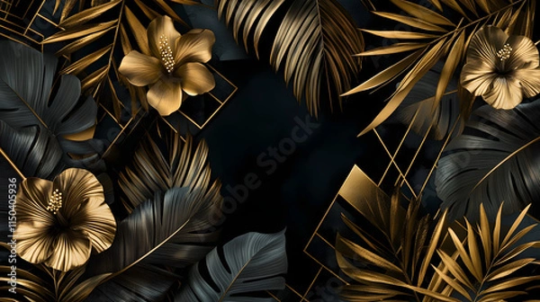 Fototapeta A luxurious tropical patchwork with gold-embossed palm leaves hibiscus flowers and abstract geometric shapes on a black background.