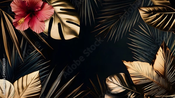 Fototapeta A luxurious tropical patchwork with gold-embossed palm leaves hibiscus flowers and abstract geometric shapes on a black background.