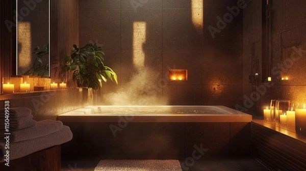 Obraz Steamy bath in a modern, candlelit bathroom with a spa-like atmosphere.