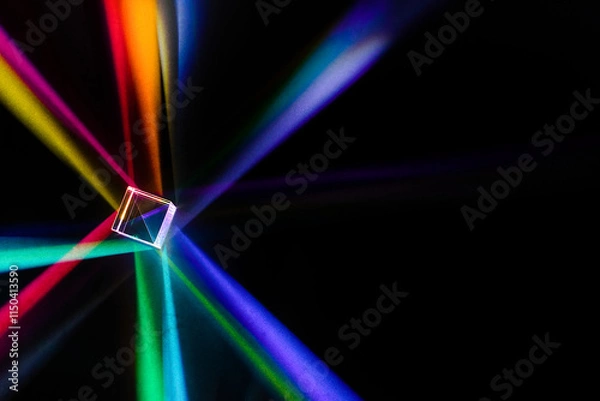 Fototapeta A glass dichroic prism disperse light into different colors on a black background