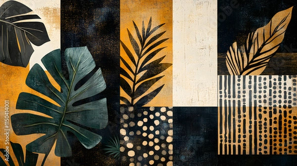 Fototapeta A modern tropical patchwork with minimalistic monstera shapes abstract dots and linear patterns in muted earth tones.