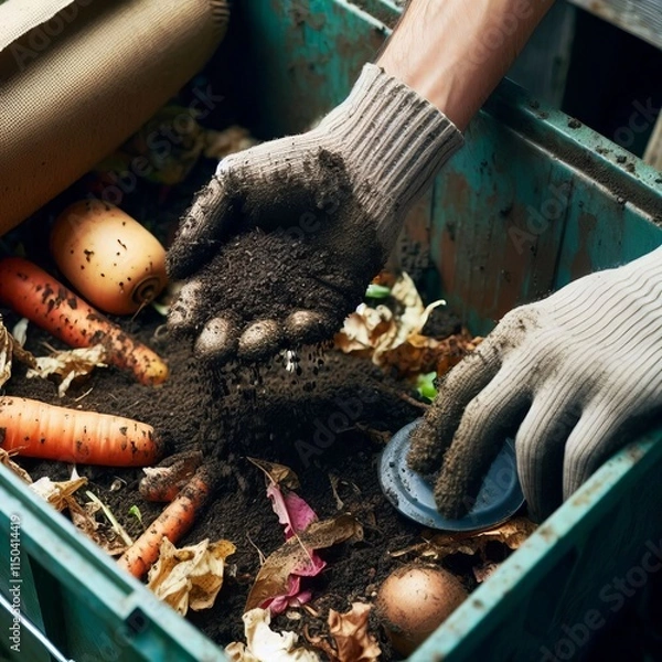 Fototapeta Close up of a person with a compost bin turning waste into nutri