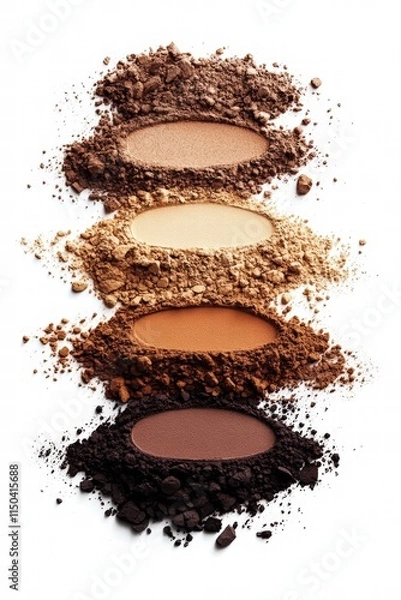 Fototapeta detailed and artistic representation of loose powder makeup swatches in brown and beige tones, designed for light, medium, and dark-skinned women