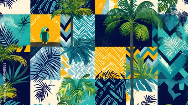 Fototapeta A playful patchwork design with parrots palm trees and bold zigzag patterns in tropical blues greens and yellows.