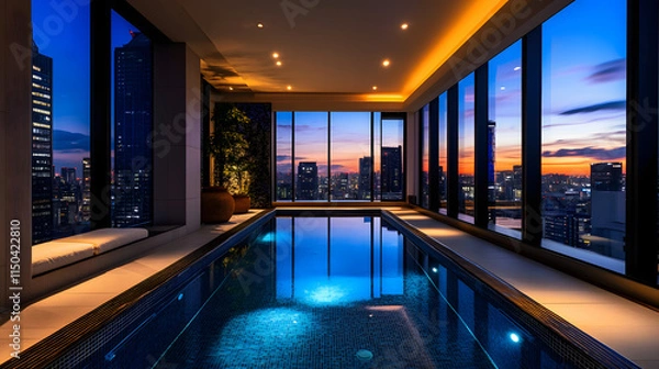 Fototapeta A private pool room with sleek tiles shimmering water reflecting ambient lighting and large windows displaying the city skyline.