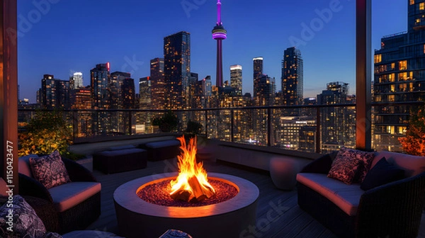 Fototapeta A private terrace with a fire pit cozy seating and a dazzling 360-degree view of the illuminated city skyline.