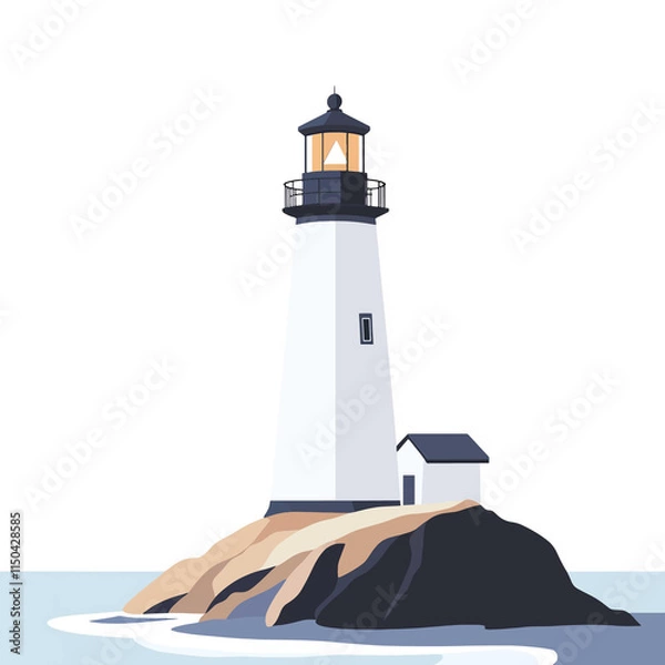 Fototapeta  A coastal view with a lighthouse standing on a rocky cliff. flat vector