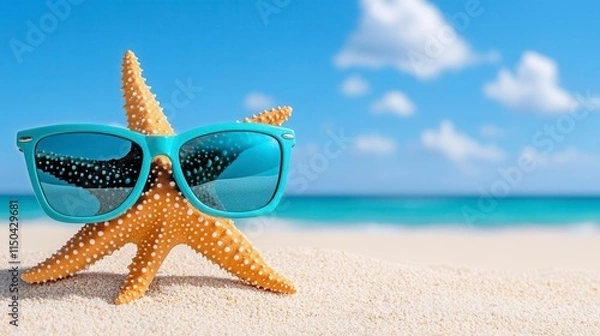 Fototapeta A photostock of starfish and sunglasses on pristine white sand, with turquoise waves in the background, symbolizing a tropical vacation. High Quality