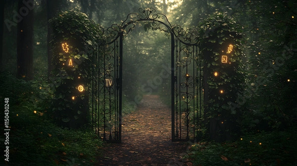 Fototapeta A secret garden gate with ivy-covered ironwork and glowing runes opening to a magical forest path.