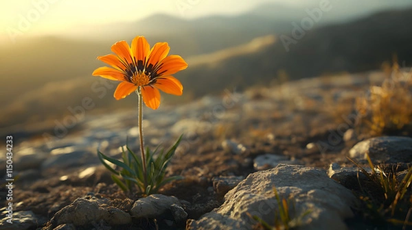 Fototapeta A single orange gazania flower with intricate stripes shining brightly in midday sunlight on a rocky hillside.