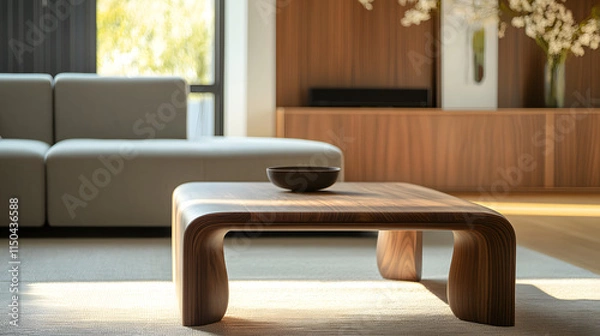 Fototapeta A slim walnut coffee table in a minimalist living room captured from a low frontal angle.