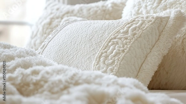 Fototapeta Soft white bedding and pillows create a cozy atmosphere in a bedroom setting