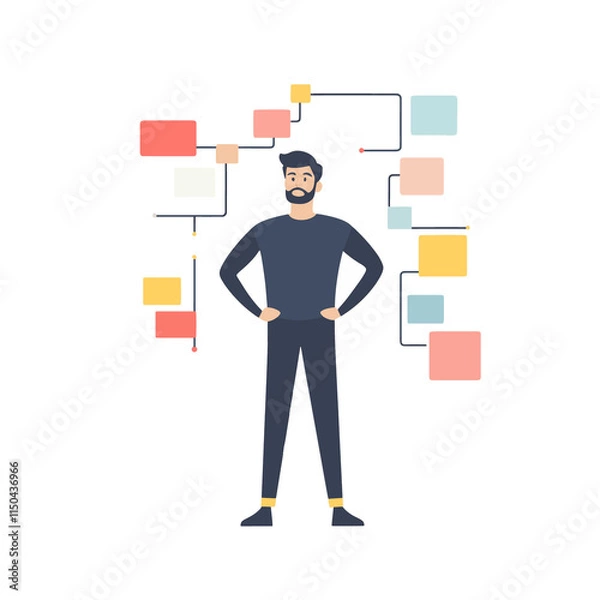 Obraz  flat man Looking at a flowchart with both hands on hips vector