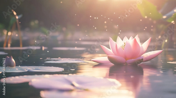 Obraz A soft pink lotus floating serenely on still water its petals glowing under gentle morning sunlight.