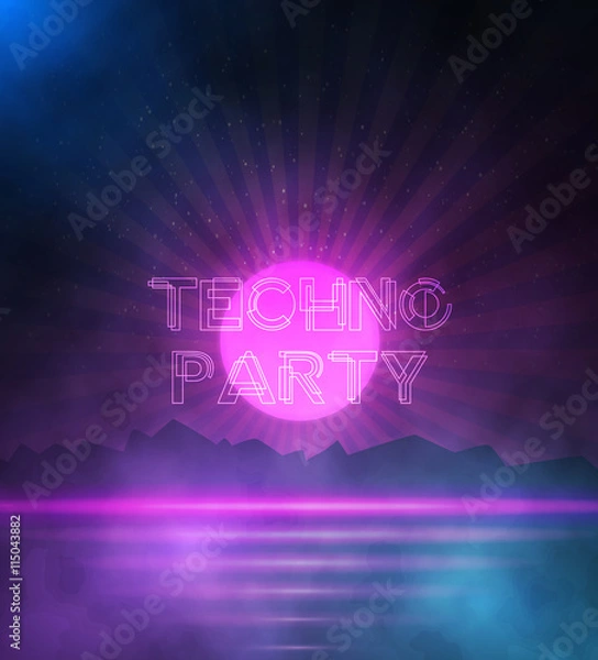Fototapeta Illustration of Retro Neon Background. 1980 Neon Poster. Retro Disco 80s Background with Triangles, Flares, Partickles