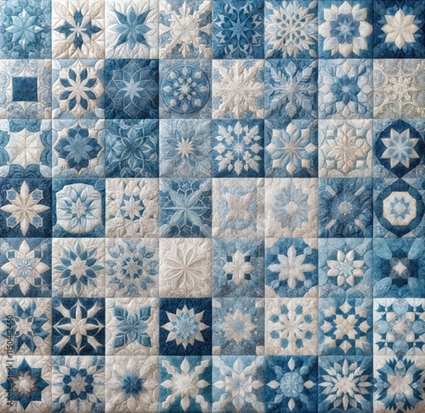 Fototapeta A quilt showcases intricate patterns resembling snowflakes, each block featuring unique blue and white designs