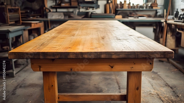 Fototapeta A thick pine wood workbench-style table photographed in a workshop environment from a frontal angle.