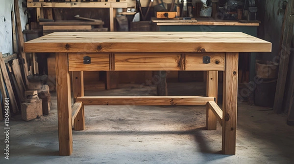 Fototapeta A thick pine wood workbench-style table photographed in a workshop environment from a frontal angle.