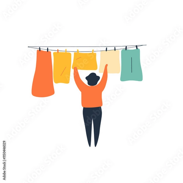 Fototapeta  simple person hanging up laundry to dry flar vector