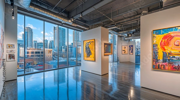 Fototapeta A unique art gallery room with curated pieces soft spotlights and a large glass wall framing a vibrant city view.