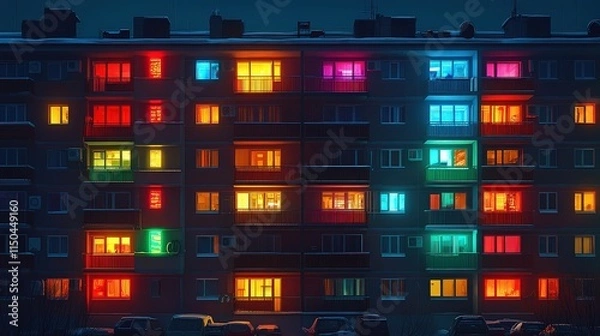 Obraz A tall apartment building at night. Many windows are brightly lit in different colors.