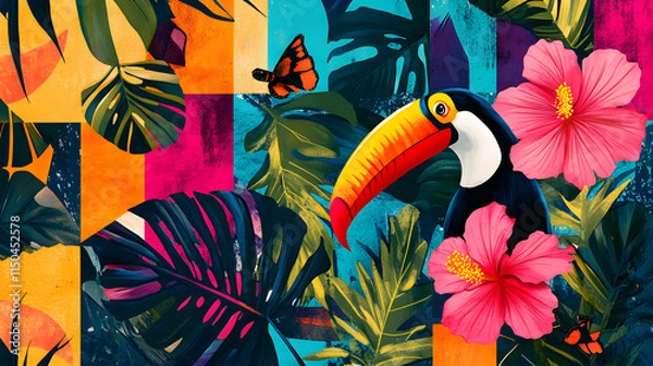 Fototapeta A vivid tropical patchwork featuring layered monstera leaves hibiscus flowers and toucan silhouettes framed by bold geometric shapes.