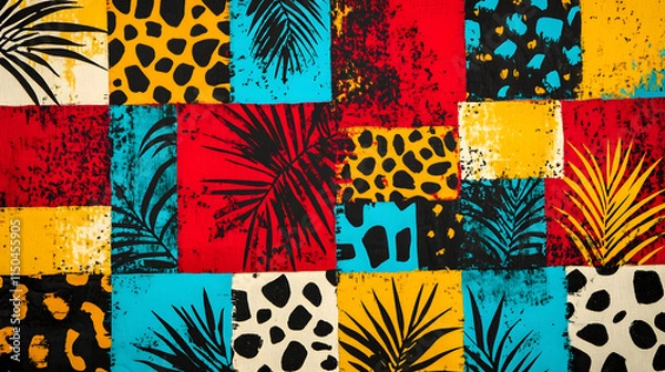Fototapeta A bold patchwork design featuring tribal patterns palm silhouettes and vibrant animal prints in striking red yellow and turquoise.
