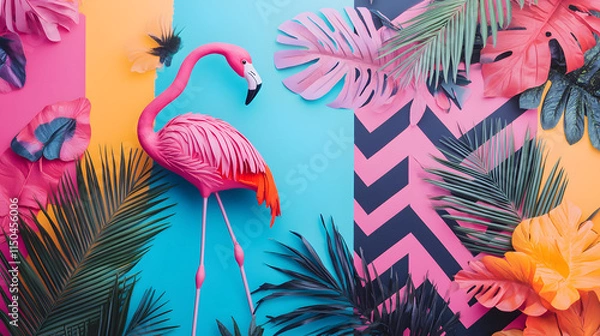 Fototapeta A bold patchwork with tropical flamingos chevron patterns and neon palm leaves layered in striking color combinations.