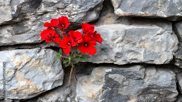 Fototapeta A bold red geranium flower cluster its vivid hues glowing against a rustic stone wall in diffused light.