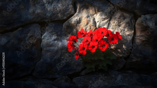 Fototapeta A bold red geranium flower cluster its vivid hues glowing against a rustic stone wall in diffused light.