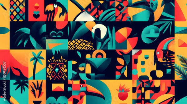 Fototapeta A bold tropical patchwork with toucans pineapples and tribal-inspired shapes arranged in vivid blocks of color.
