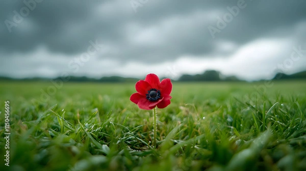 Fototapeta A bright red anemone flower with a dark center standing out against a lush green field under overcast skies.