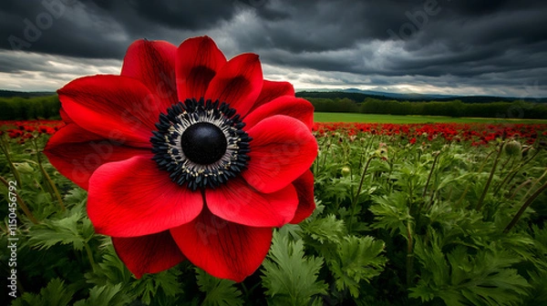 Fototapeta A bright red anemone flower with a dark center standing out against a lush green field under overcast skies.
