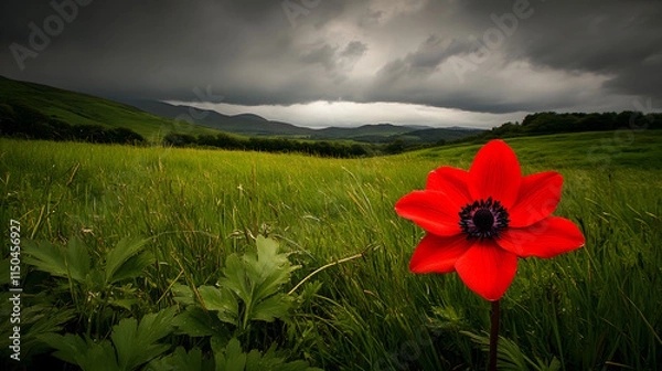 Fototapeta A bright red anemone flower with a dark center standing out against a lush green field under overcast skies.