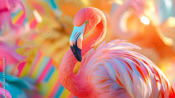 Fototapeta A bright tropical patchwork featuring playful flamingos colorful seashells and dynamic zigzag patterns in neon and pastel tones.