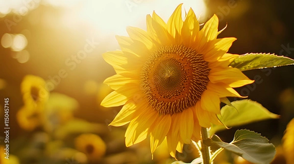 Fototapeta A bright yellow sunflower in full bloom its intricate center spiraling with seeds under golden sunlight.