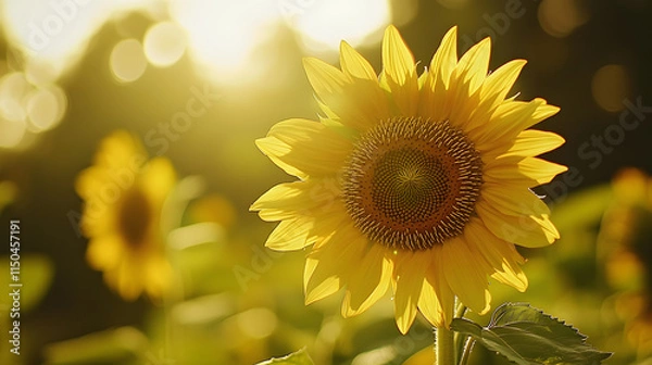 Fototapeta A bright yellow sunflower in full bloom its intricate center spiraling with seeds under golden sunlight.