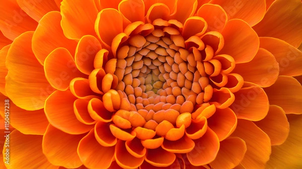 Fototapeta A brilliant orange marigold in full bloom its layered petals forming a perfect rosette under clear sunlight.
