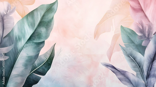 Fototapeta A calming pastel tropical patchwork blending banana leaves watercolor waves and soft floral designs in muted tones.