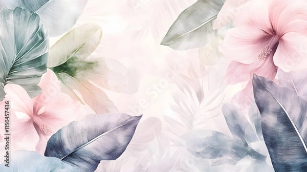 Fototapeta A calming pastel tropical patchwork blending banana leaves watercolor waves and soft floral designs in muted tones.