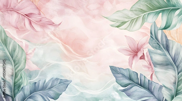 Fototapeta A calming pastel tropical patchwork blending banana leaves watercolor waves and soft floral designs in muted tones.