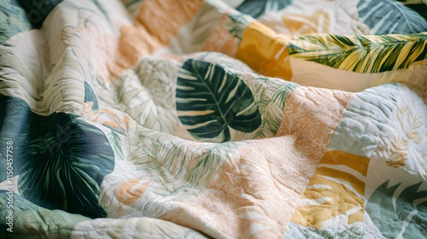 Fototapeta A calming tropical patchwork with soft pastel tones featuring banana leaves monstera patterns and subtle tribal motifs.