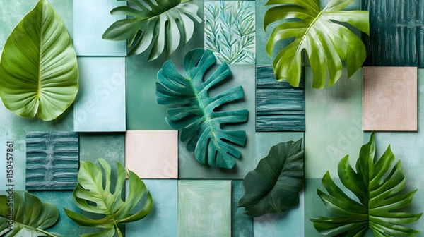 Fototapeta A calming tropical patchwork with soft pastel tones featuring banana leaves monstera patterns and subtle tribal motifs.