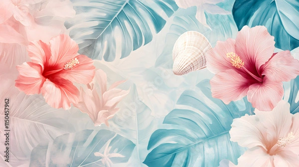 Fototapeta A calming tropical patchwork with soft pastel tones featuring banana leaves monstera patterns and subtle tribal motifs.
