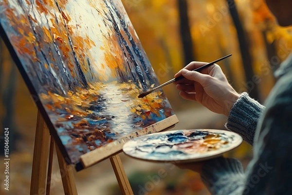 Obraz Painter painting autumn landscape outdoors using easel