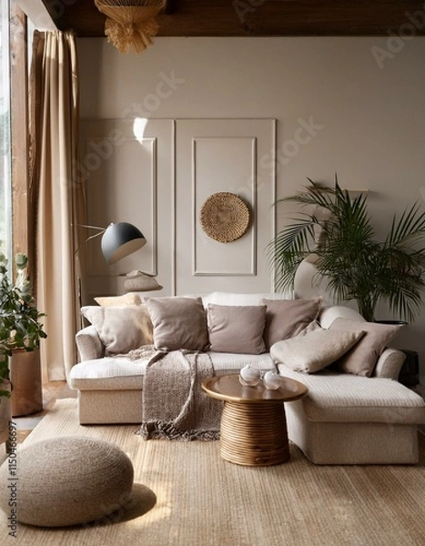 Obraz Generated image quiet luxury, interior of a luxurious neutral home decor, top view, luxe colours quality textures