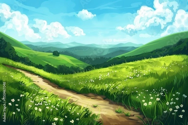 Obraz A Winding Path Through Lush Green Hills and White Wildflowers